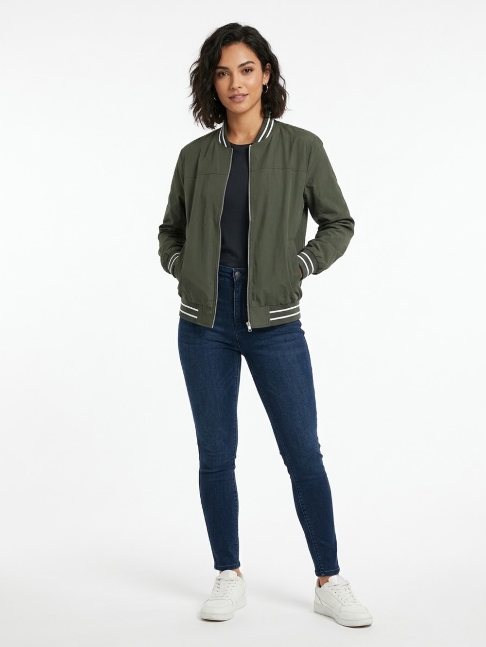 Olive Green Women's Bomber Jacket with Striped Rib Trim
